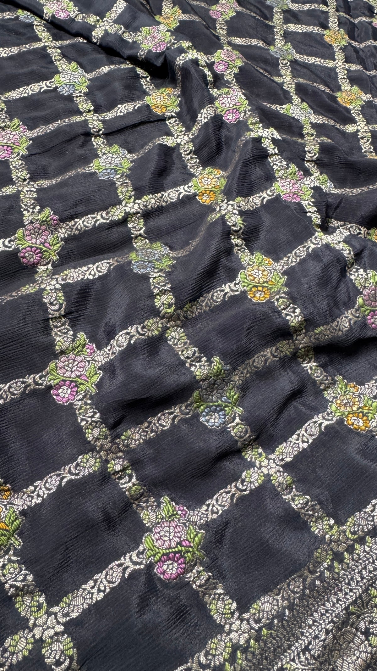 Crushed Munga Silk Banarasi Saree – Black with Meenakari Buttas