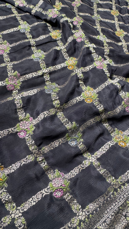 Crushed Munga Silk Banarasi Saree – Black with Meenakari Buttas