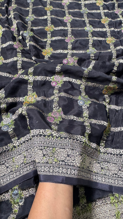 Crushed Munga Silk Banarasi Saree – Black with Meenakari Buttas
