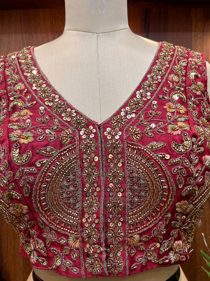 Ruby Red Hand-Embroidered Designer Blouse