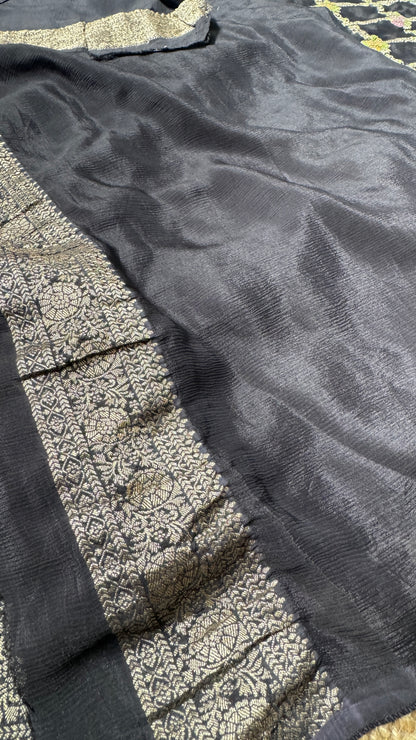 Crushed Munga Silk Banarasi Saree – Black with Meenakari Buttas