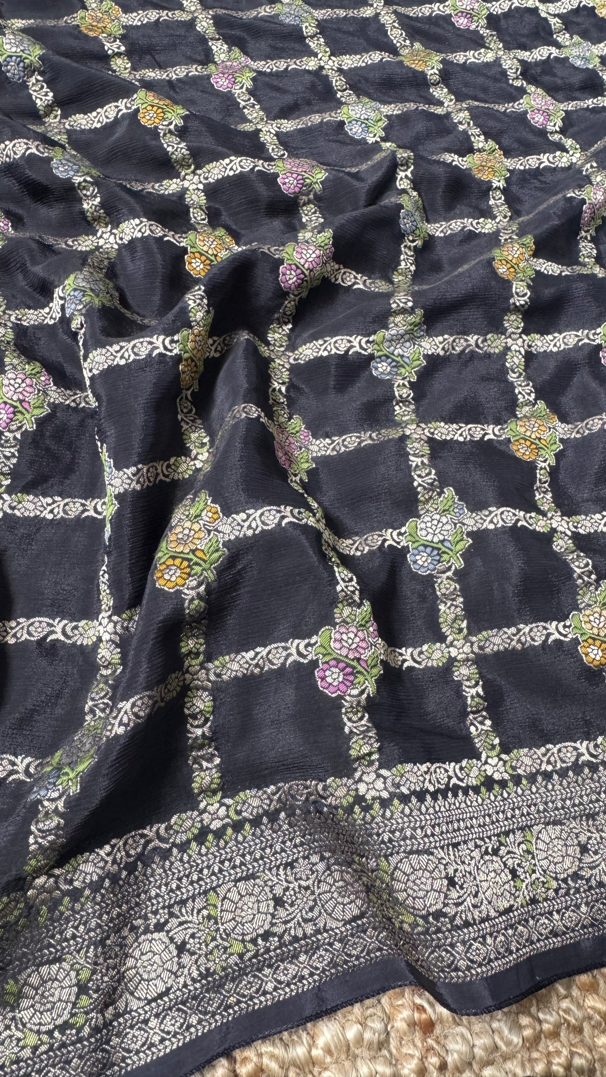 Crushed Munga Silk Banarasi Saree – Black with Meenakari Buttas