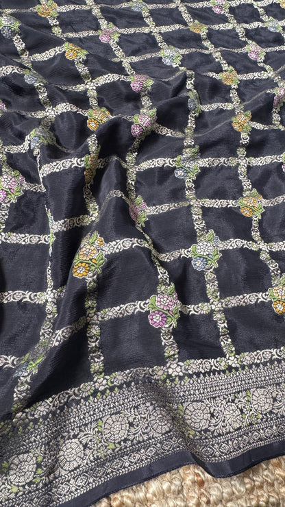 Crushed Munga Silk Banarasi Saree – Black with Meenakari Buttas