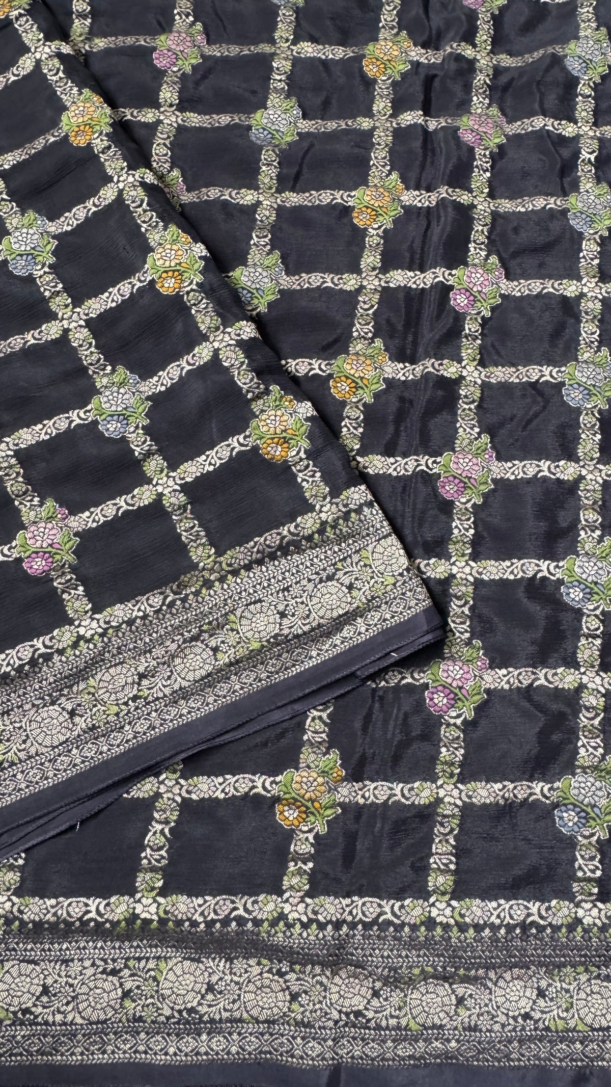 Crushed Munga Silk Banarasi Saree – Black with Meenakari Buttas