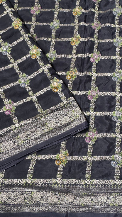 Crushed Munga Silk Banarasi Saree – Black with Meenakari Buttas