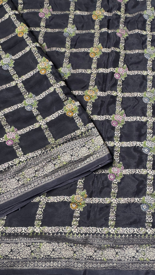 Crushed Munga Silk Banarasi Saree – Black with Meenakari Buttas