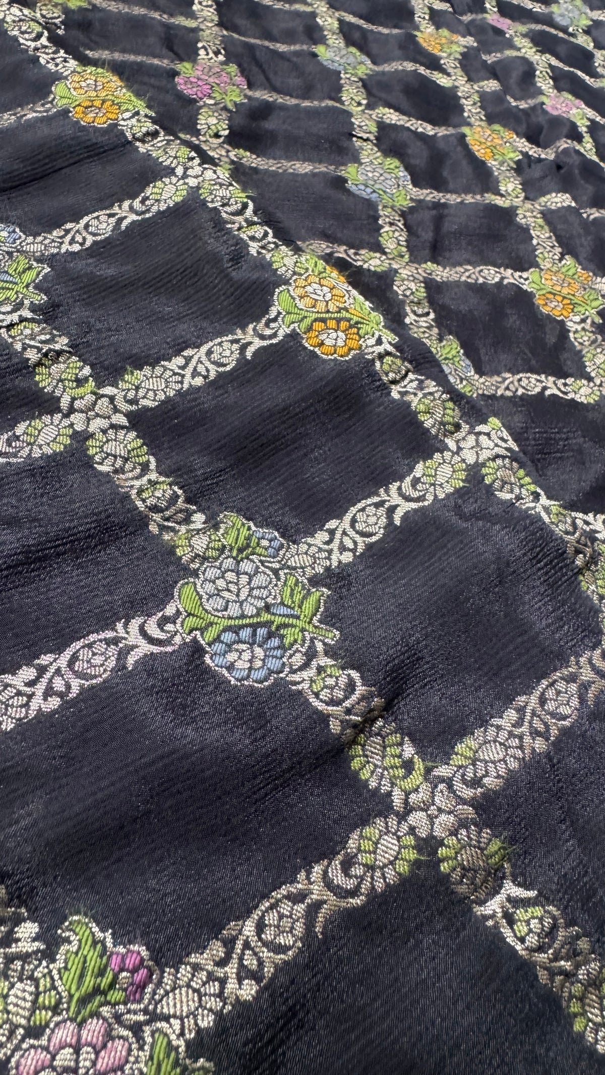 Crushed Munga Silk Banarasi Saree – Black with Meenakari Buttas