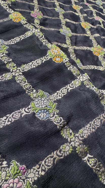 Crushed Munga Silk Banarasi Saree – Black with Meenakari Buttas