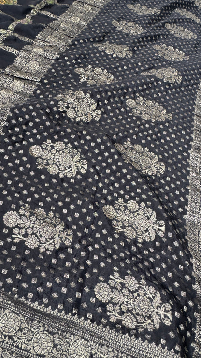 Crushed Munga Silk Banarasi Saree – Black with Meenakari Buttas