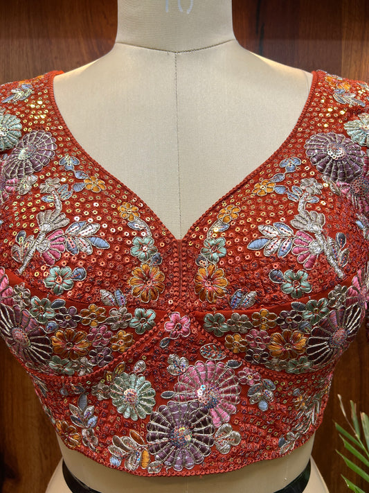 Rust Orange Floral Hand-Embroidered Designer Blouse