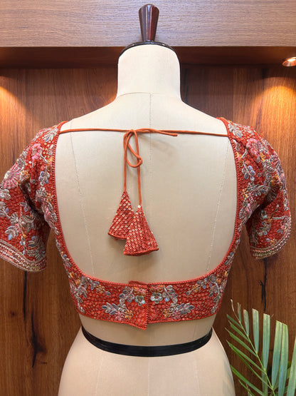 Rust Orange Floral Hand-Embroidered Designer Blouse