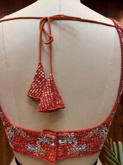 Rust Orange Floral Hand-Embroidered Designer Blouse
