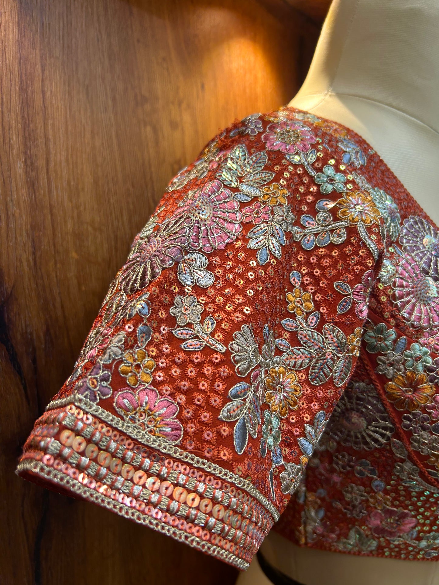 Rust Orange Floral Hand-Embroidered Designer Blouse