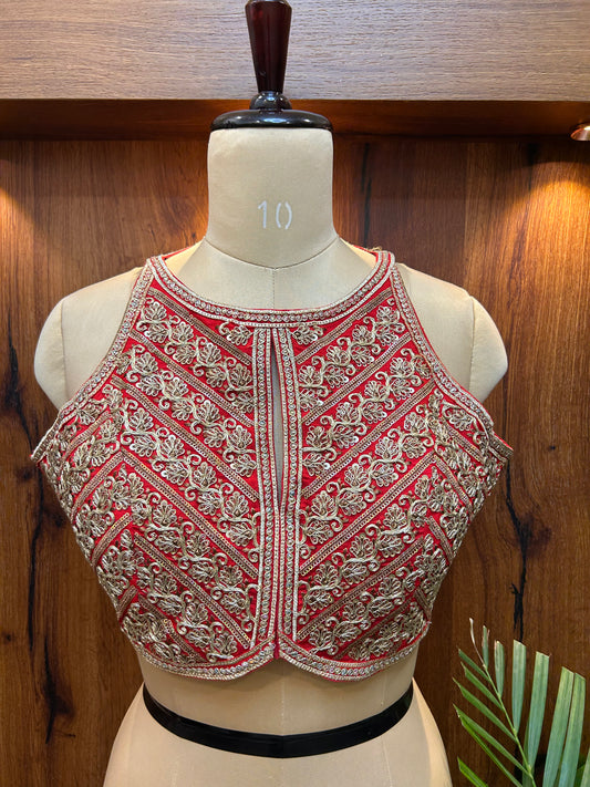 Red & Antique Gold Embroidered Designer Blouse