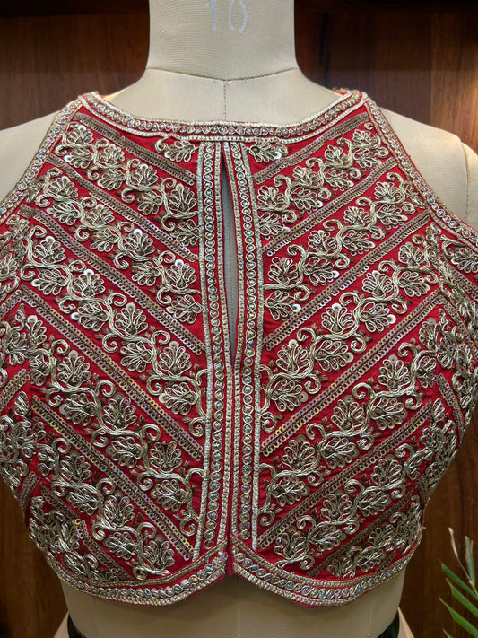 Red & Antique Gold Embroidered Designer Blouse