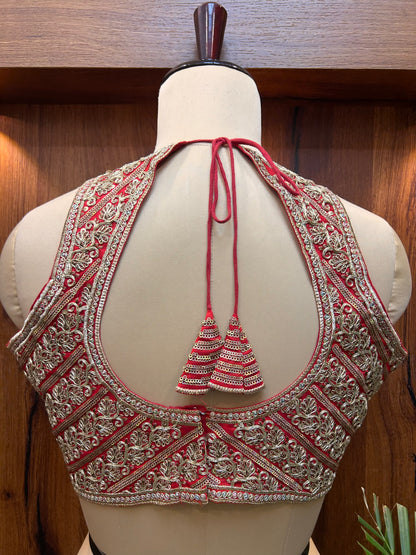 Red & Antique Gold Embroidered Designer Blouse