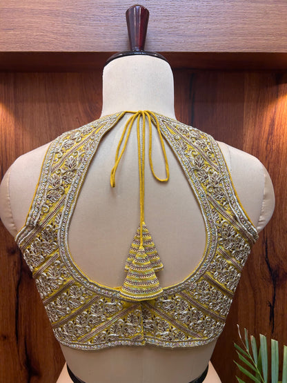 Mustard Yellow Hand-Embroidered Designer Blouse