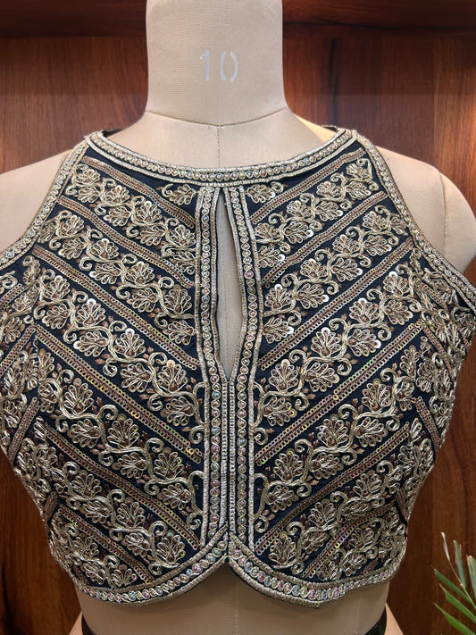 Black & Antique Gold Embroidered Designer Blouse