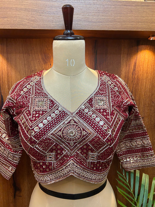 Deep Red Hand-Embroidered Designer Full Sleeves Blouse