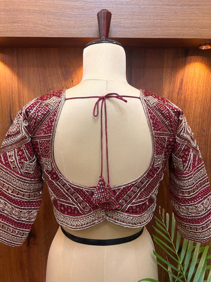 Deep Red Hand-Embroidered Designer Full Sleeves Blouse