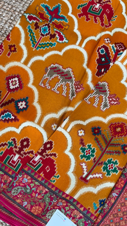 A Kashmiri Pashmina Banarasi Handwoven Sarees with Patola prints - Mustard