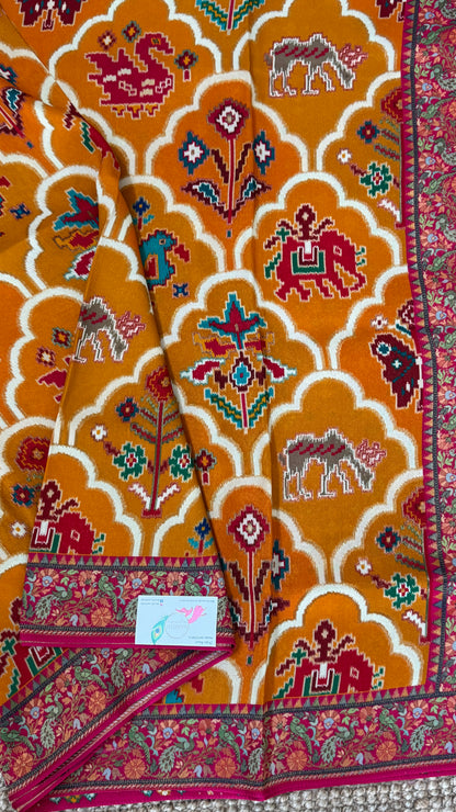 A Kashmiri Pashmina Banarasi Handwoven Sarees with Patola prints - Mustard