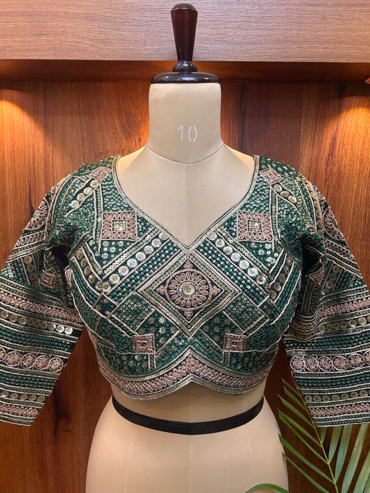 Emerald Green Hand-Embellished Designer Full Sleeves Blouse