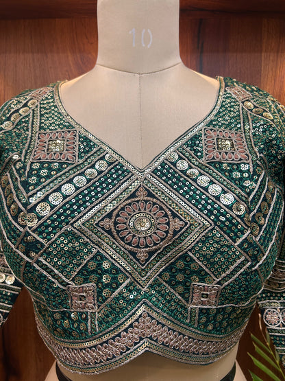 Emerald Green Hand-Embellished Designer Full Sleeves Blouse