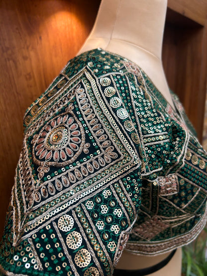Emerald Green Hand-Embellished Designer Full Sleeves Blouse