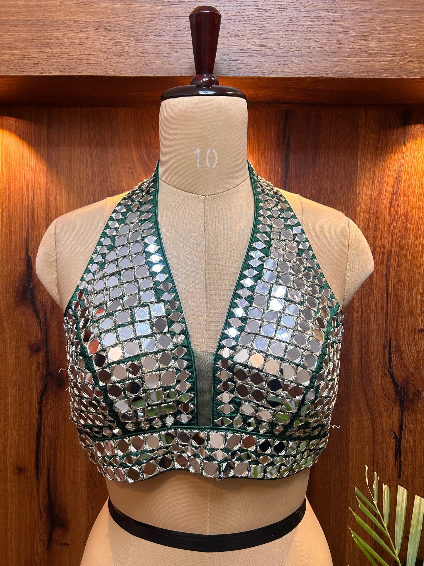 Emerald Green Mirror Work Halter Neck Designer Blouse
