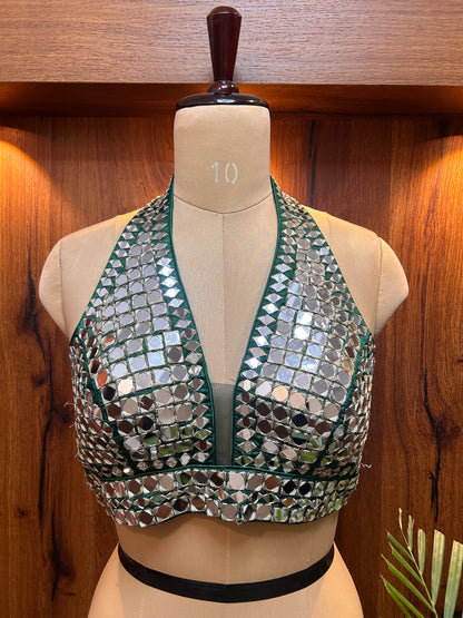 Emerald Green Mirror Work Halter Neck Designer Blouse