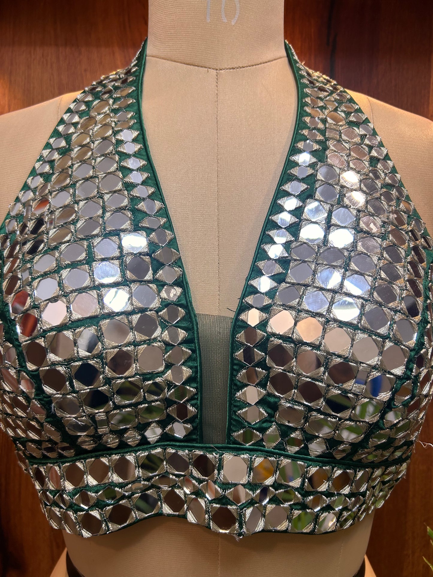 Emerald Green Mirror Work Halter Neck Designer Blouse