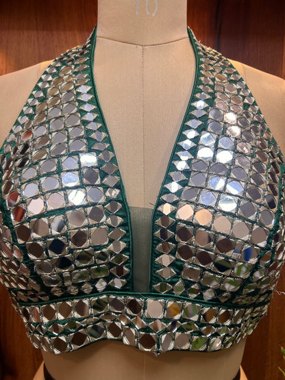 Emerald Green Mirror Work Halter Neck Designer Blouse