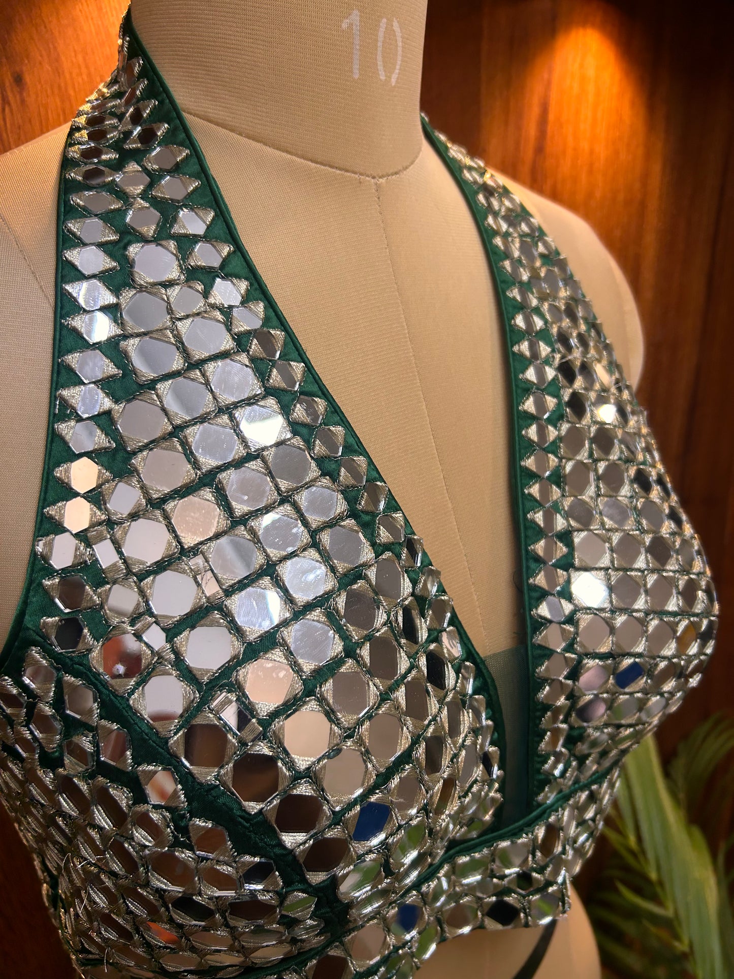 Emerald Green Mirror Work Halter Neck Designer Blouse