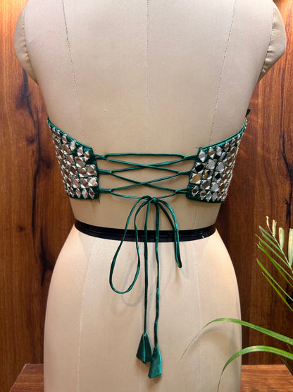 Emerald Green Mirror Work Halter Neck Designer Blouse