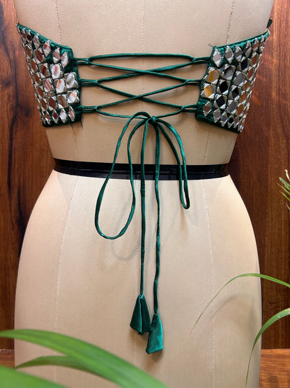 Emerald Green Mirror Work Halter Neck Designer Blouse