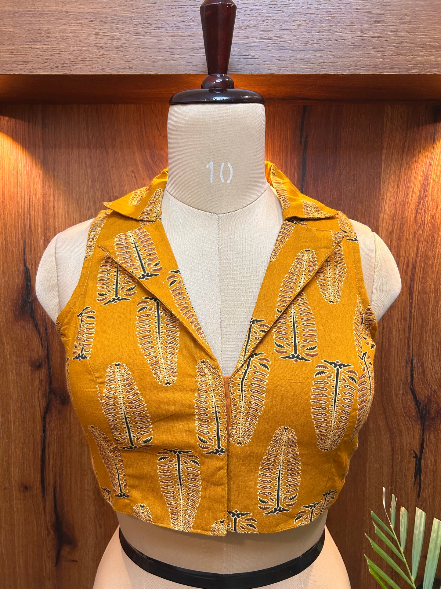 Mustard Yellow Printed Collared Designer Blouse