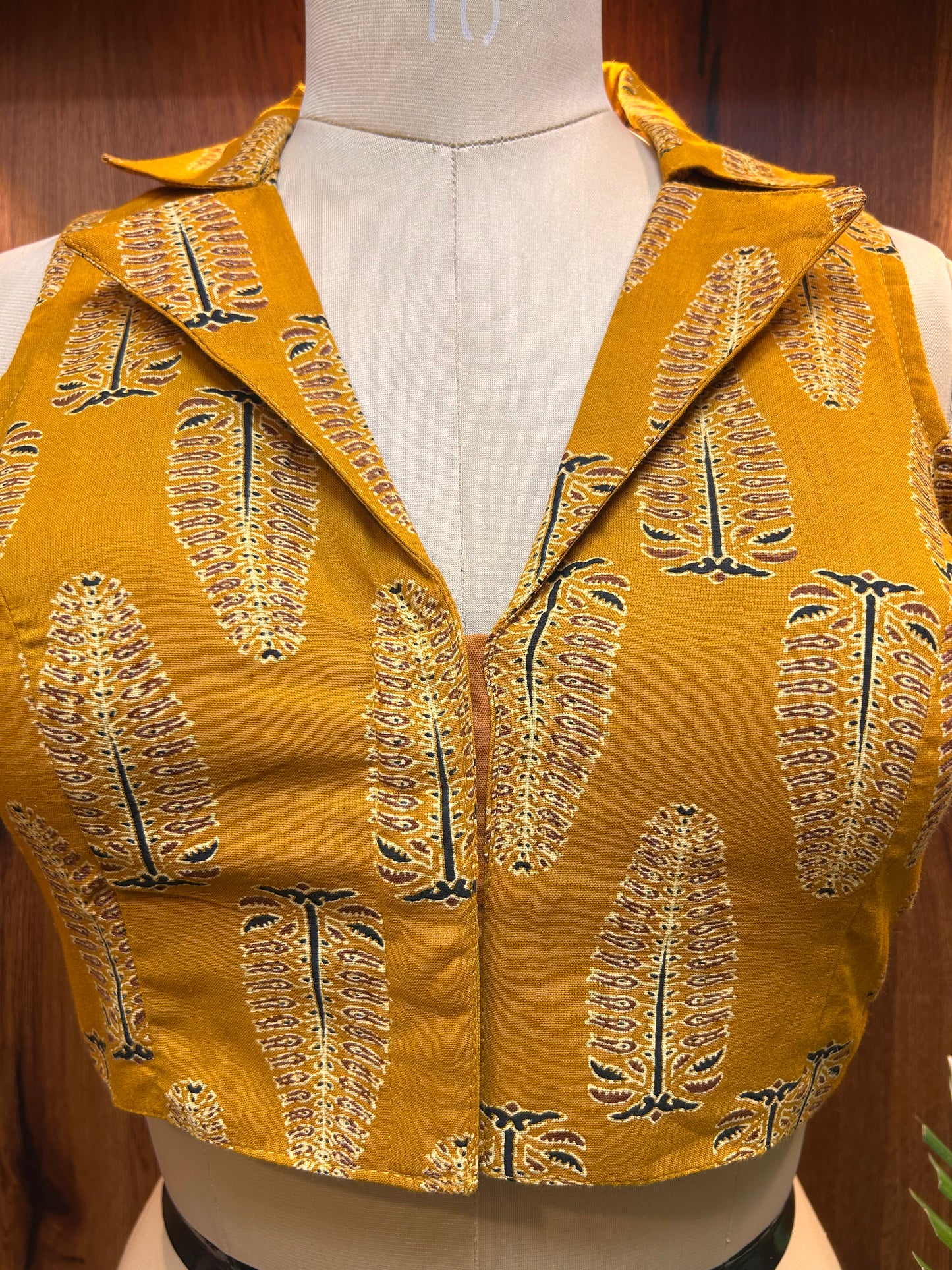 Mustard Yellow Printed Collared Designer Blouse