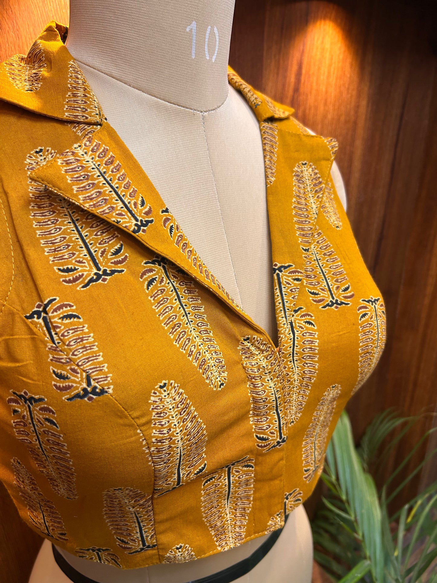 Mustard Yellow Printed Collared Designer Blouse