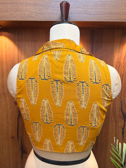 Mustard Yellow Printed Collared Designer Blouse