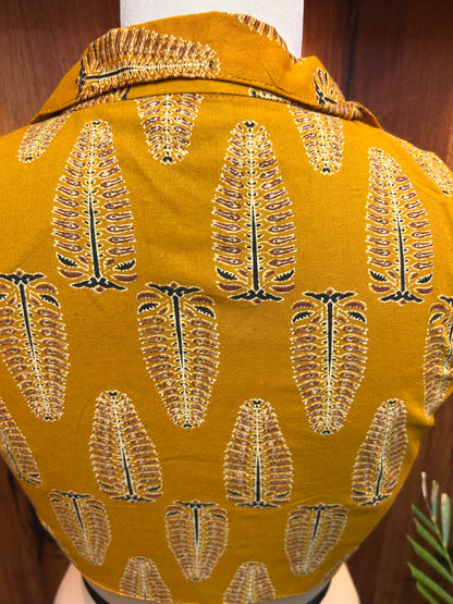 Mustard Yellow Printed Collared Designer Blouse