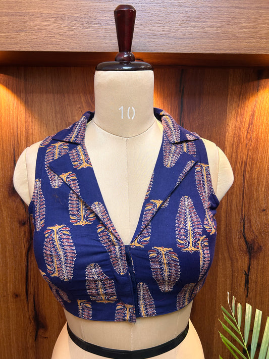 Navy Blue Collared Sleeveless Blouse