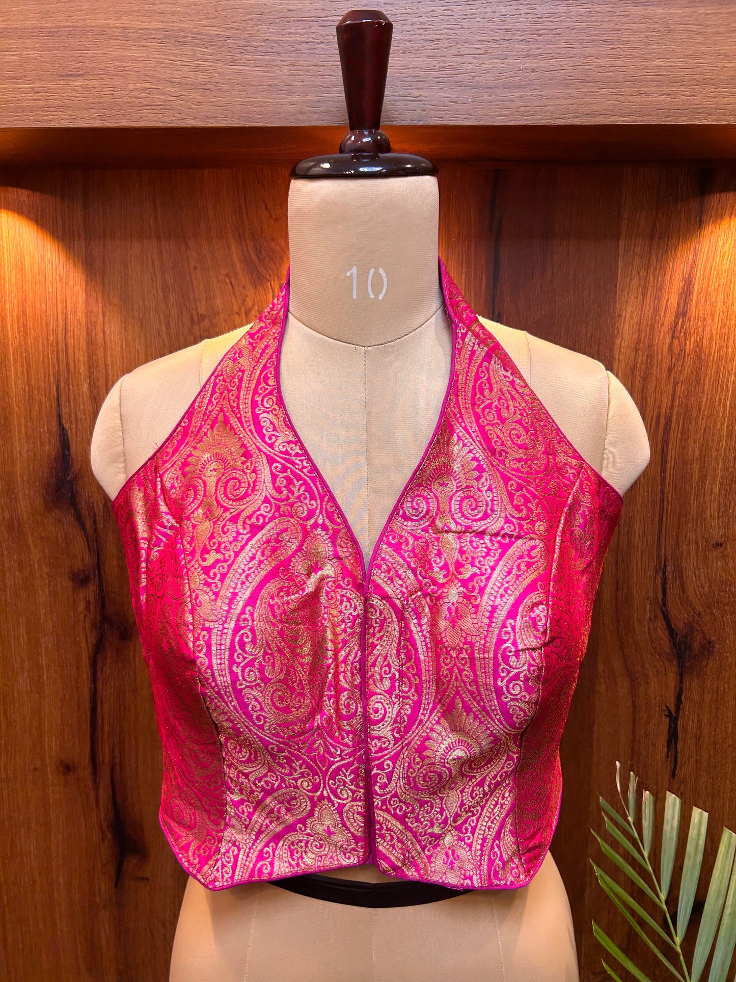 Fuchsia Pink Banarasi Brocade Halter Neck Blouse