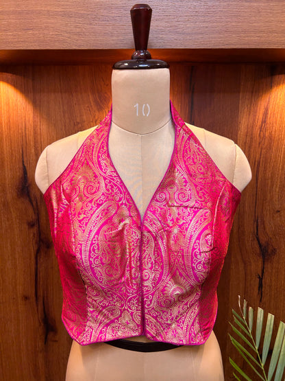 Fuchsia Pink Banarasi Brocade Halter Neck Blouse