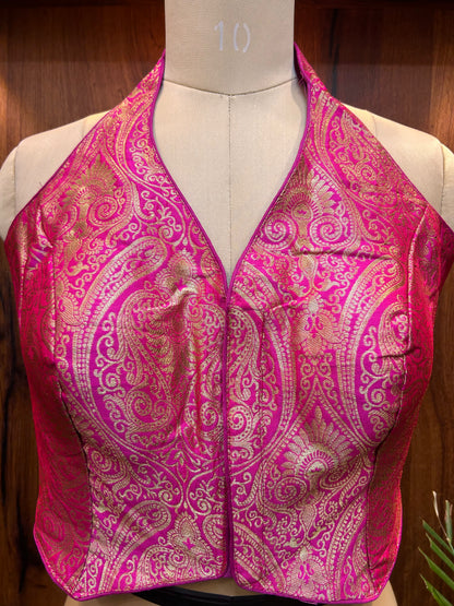 Fuchsia Pink Banarasi Brocade Halter Neck Blouse