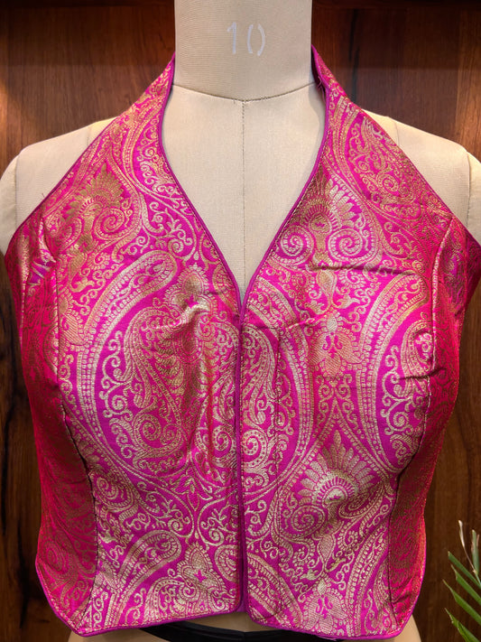 Fuchsia Pink Banarasi Brocade Halter Neck Blouse