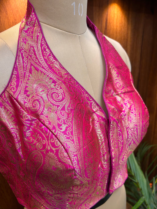 Fuchsia Pink Banarasi Brocade Halter Neck Blouse