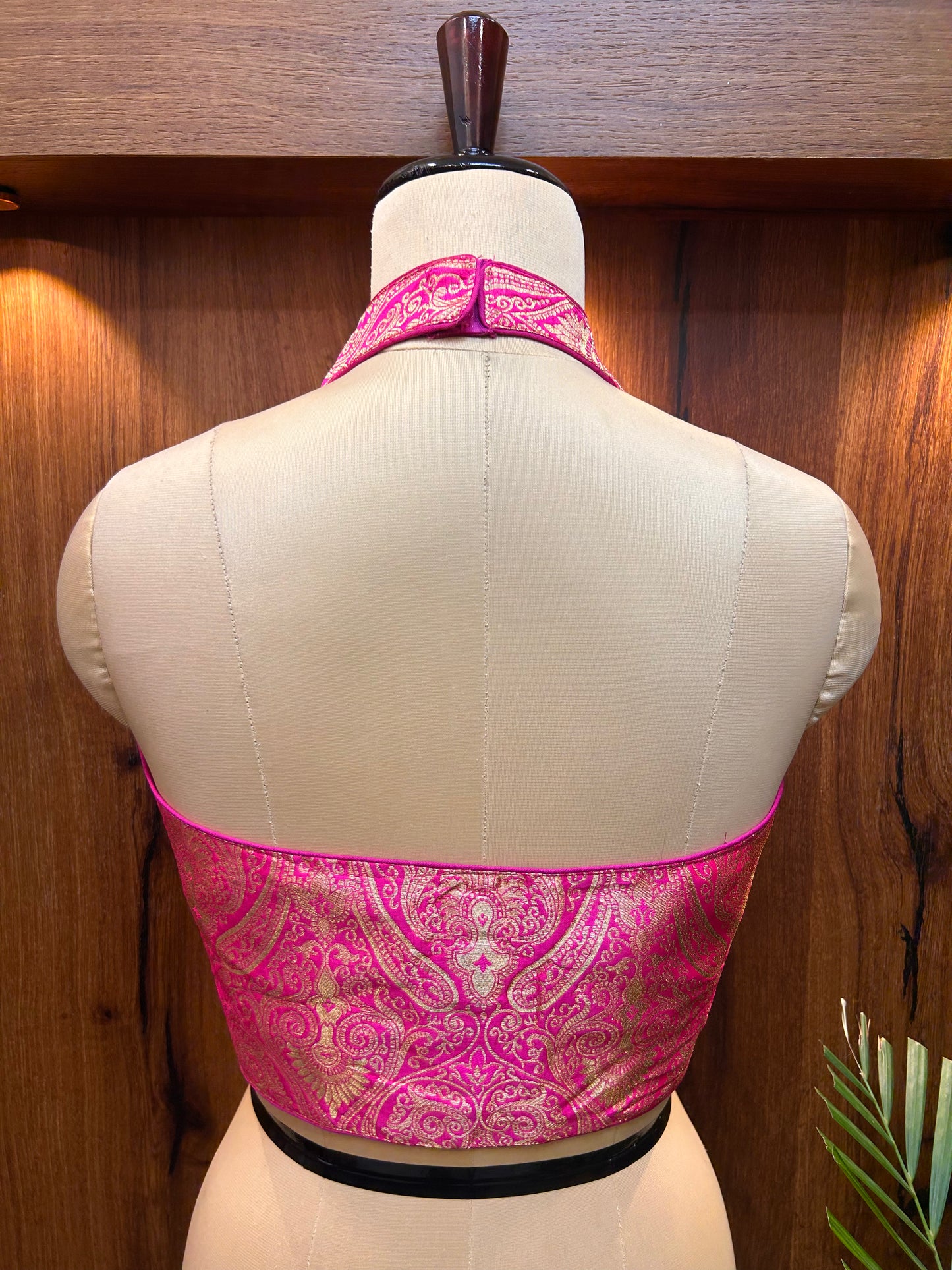 Fuchsia Pink Banarasi Brocade Halter Neck Blouse