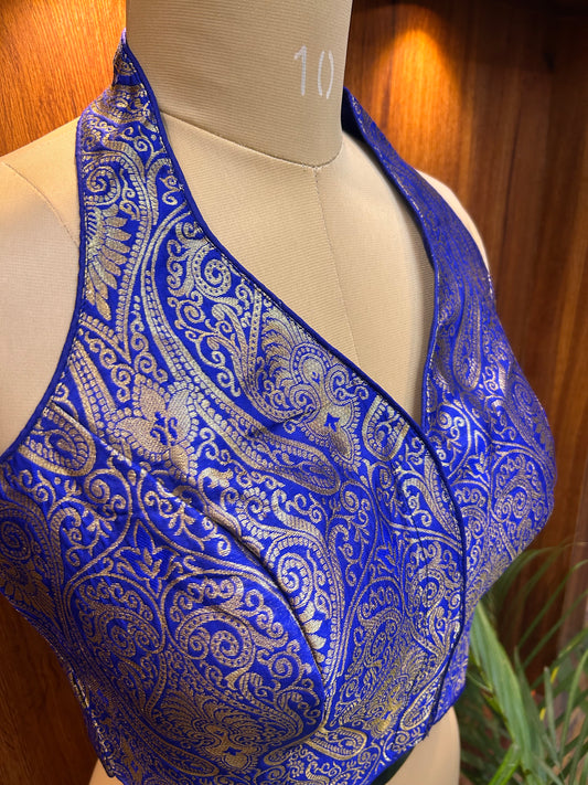 Royal Blue Banarasi Brocade Halter Neck Blouse
