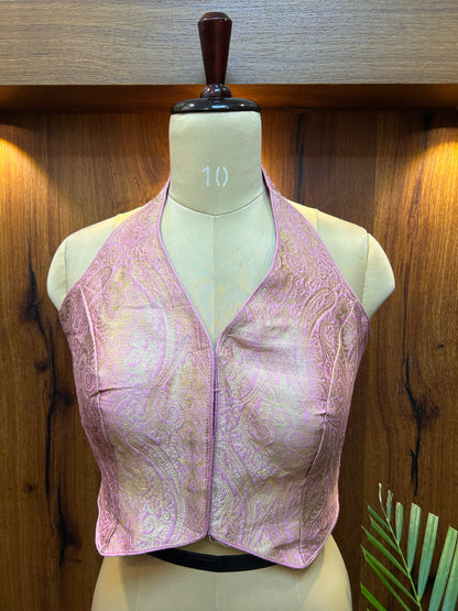 Blush Pink Brocade Halter Neck Designer Blouse